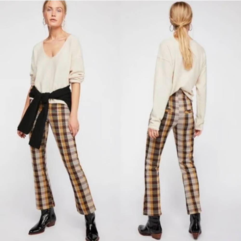 Free People Plaid Ankle Cropped Checkered Pants in Brown and Cream